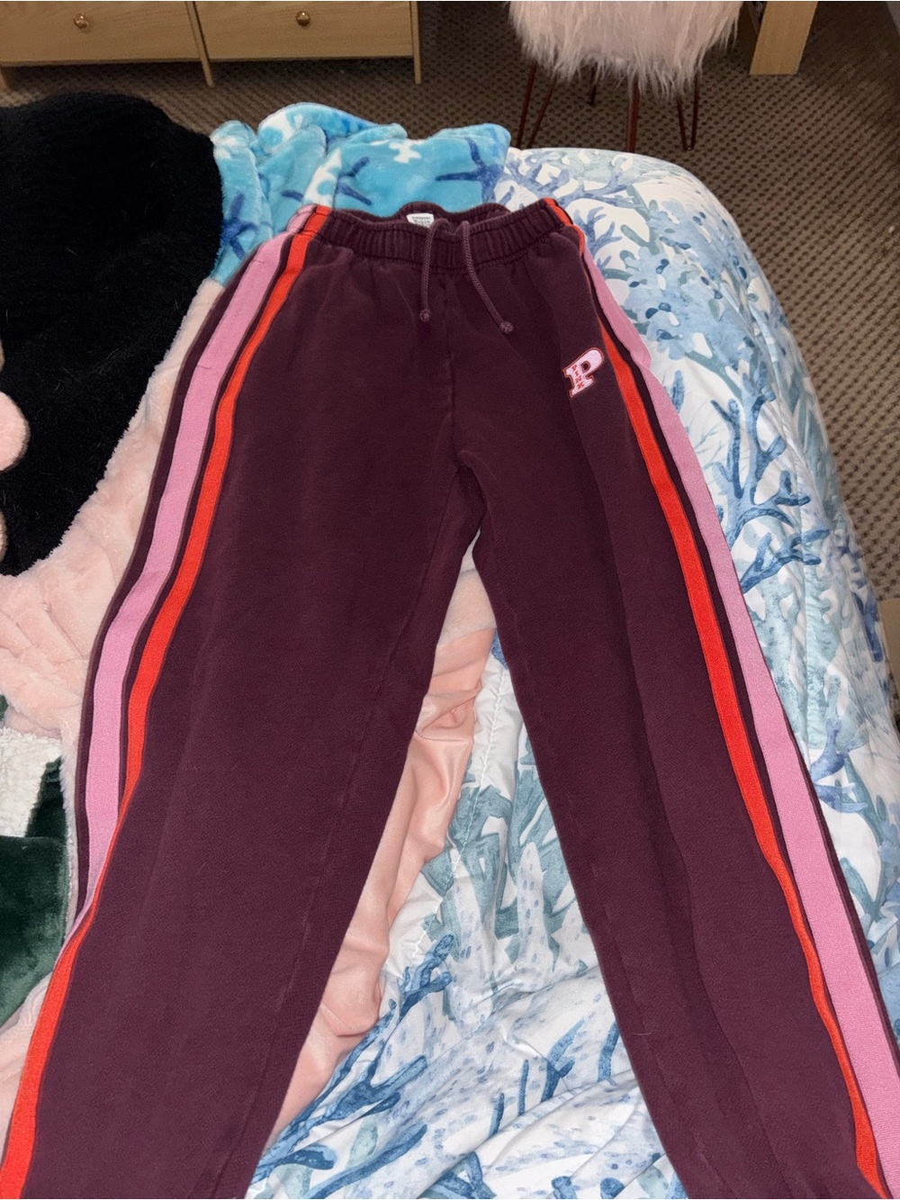 PINK Victoria's Secret Burgundy Track Pants with Pink & Red Side Stripes